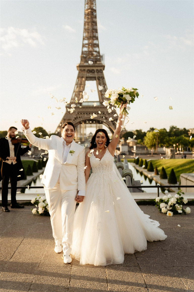 Paris Gay Wedding Couple LGBT lesbian couple married in Paris eiffel tower trocadero