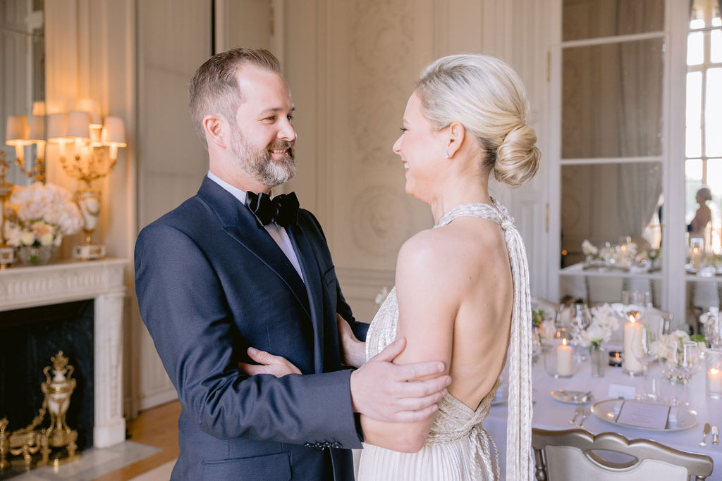 couple after first look at the hotel de crillon paris wedding
